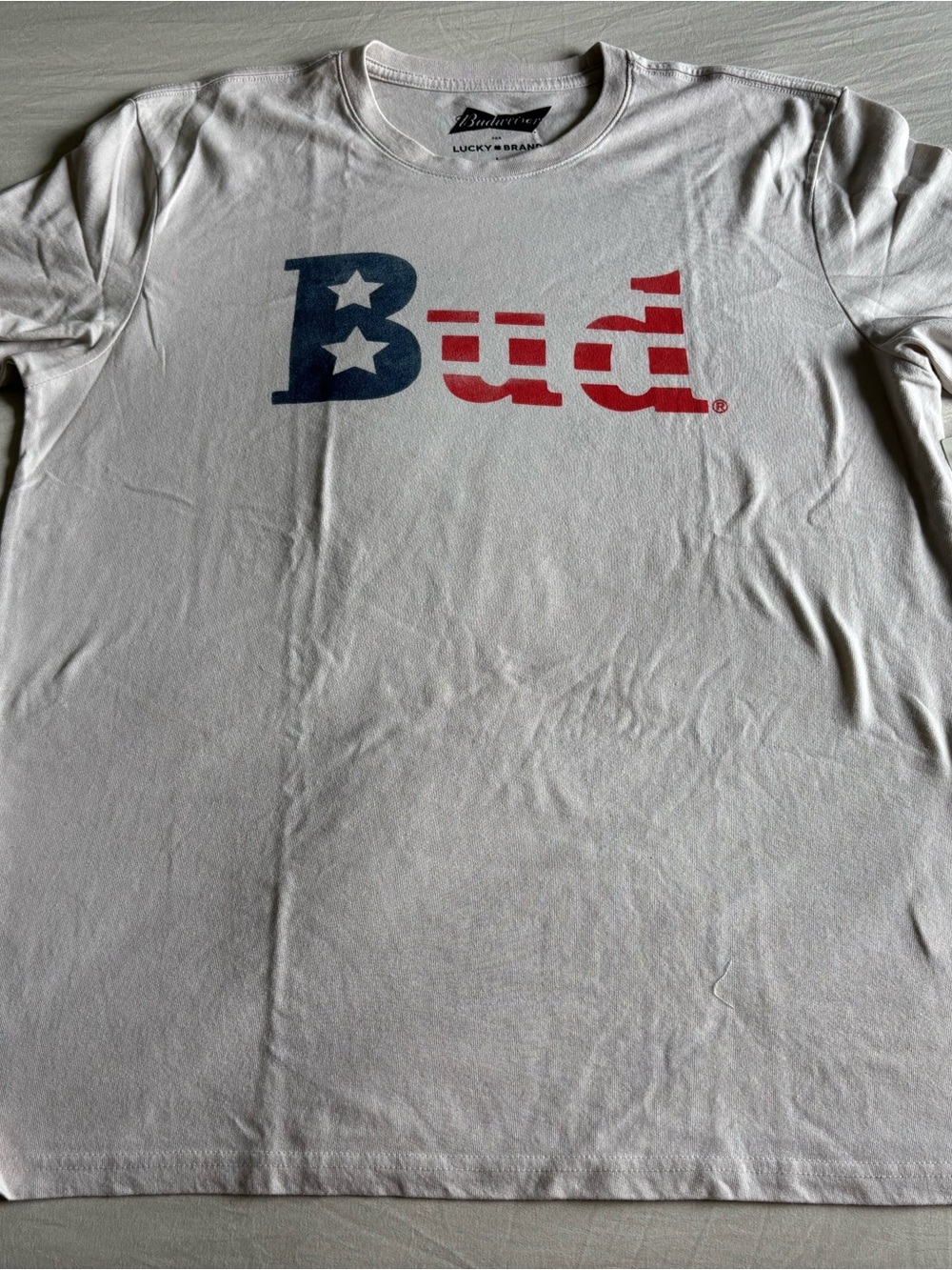 Budweiser White Short Sleeve Tee with Red & Blue Patriotic Logo